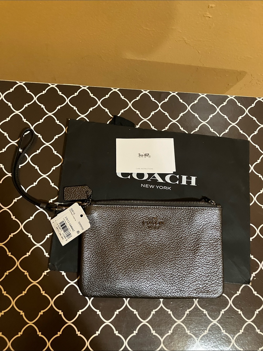 Coach  Gunmetal  metallic Pebbled Leather Wristlet with Wrist Strap